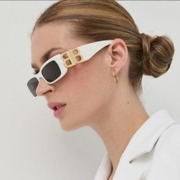 NEW Balenciaga  BB0096S 011 White Gold Logo Grey Square Unisex Sunglasses - Picture 2 of 14